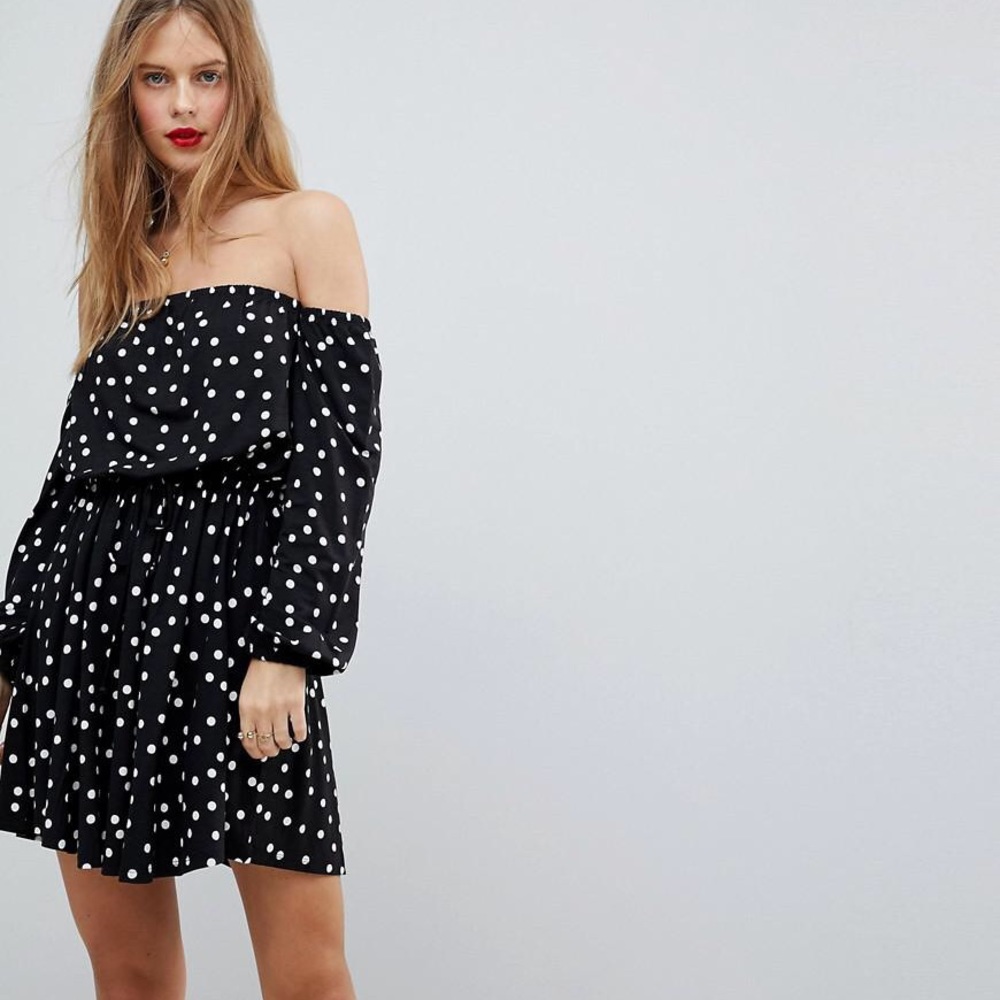 ASOS TALL Bardot Long Sleeve Skater Dress in Polka
